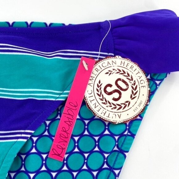 Reversible Swimsuit Bikini Bottoms Junior Sz M Blue Teal Striped Ruched SIdes - Picture 11 of 13